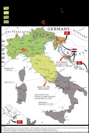 이탈리아 사회공화국의 지도(1943-1945). 이 영토는 내전의 주요 전구였다.