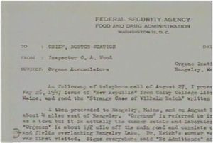 1947년 8월, 브래디 기사를 언급하며 라이히에 관한 미국 식품의약국(FDA)의 편지