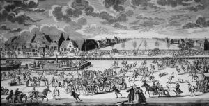 1733년 암스테르담 운하에서 말 두 팀과 작업자 팀이 쇄빙선을 끌고 있다.