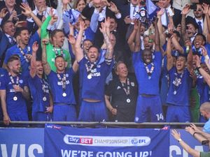 밤바(트로피를 들고)가 2017-18 EFL 챔피언십 준우승 트로피를 들어 올리고 있다