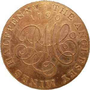 볼턴이 1790년에 제조한 앵글시 하프페니; 둥근 형태를 보장하기 위해 칼라를 사용한 증기 동력으로 제작된 최초의 동전