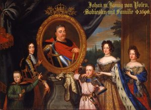 앙리 가스카르(Henri Gascar)의 소비에스키와 그의 가족 그림. 얀 3세와 마리 카지미르, 그리고 자녀들의 모습이 담겨 있다.