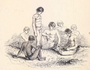 파카오푸 섬 원주민; 알프레드 토마스 아게이트의 그림을 따서 새긴 것