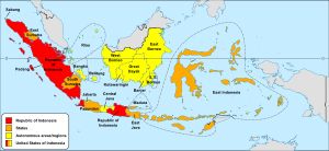 1949년 12월의 인도네시아합중국 – 인도네시아 공화국은 빨간색으로 표시됨.