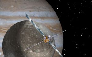 목성 얼음 위성 탐사선이 가니메데 궤도에 진입한 모습의 상상도