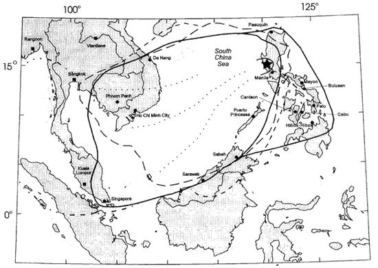 1991년 피나투보 산 분화로 인한 지역 화산재 강하 위치