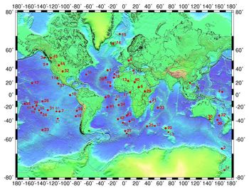 왼쪽 목록에 있는 열점의 분포도. 숫자는 목록의 숫자와 일치합니다. 아파르 열점(29)의 위치가 잘못되었습니다.