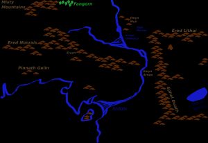 제3시대 중간계의 일부 지역 개략도. 오른쪽에 로한과 곤도르에 둘러싸인 모르도르가 있다.