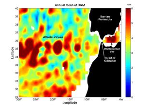 NASA/JPL이 여러 다른 위성 센서로 수집한 데이터를 결합하여 연구원들은 해수면을 "뚫고" 지중해에서 기원하여 대서양에서 수심 1km 이상 잠수하는 초고염 고온의 해수 와류인 "메디(Meddies)"를 감지할 수 있었습니다. 이 그림에서 메디는 빨간색으로 표시되어 있습니다.