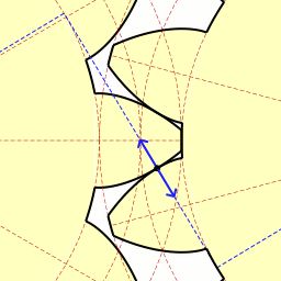 평톱니바퀴 한 쌍의 애니메이션. 두 접선 중 한 쪽만이 강조되어 있다.