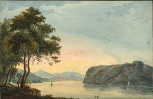 양쪽에 육지가 묘사된 세인트로렌스 강. 강에는 카누와 배가 있으며 강 위에는 새들이 날고 있다.