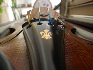 플뢰르 드 리스가 있는 바이올린 테일피스의 클로즈업