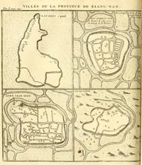 뒤 할데(Du Halde)의 1736년 중국 서술(Description of China)에 나오는 "Koen-chan-hien" 및 기타 "장남(Kiang-nan)" 지역 도시 지도 (예수회 선교사들의 기록에 근거함)