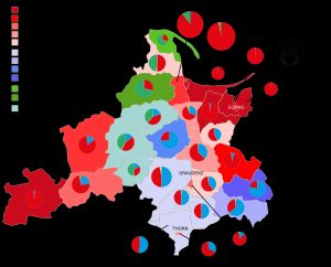 1910년 독일 인구조사에 따른 서프러시아(포메렐리아 포함)의 행정 구역 및 언어 분포.