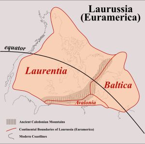 수데티 산맥의 테레인이 고생대 말기에 대륙 충돌로 충돌한 유라메리카의 재구성 지도. 현재의 수데티 산맥 지역은 아발로니아의 동쪽 끝 근처에 위치.