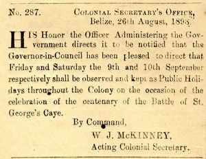 1898년 관보에서 9월 10일을 공휴일로 선포한 내용 발췌, 세인트 조지스 케이 전투 기념일