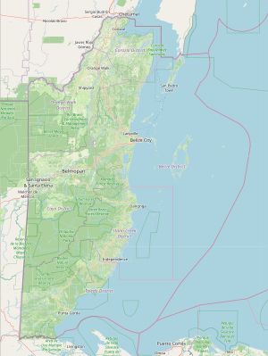 벨리즈의 OpenStreetMap 지도. 토지 피복, 보호 지역, 주요 도시 및 행정 구역을 보여줍니다