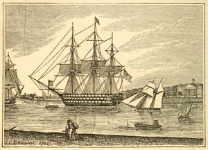 1843년 포츠머스 항구; 배경에 해군 병원이 보임