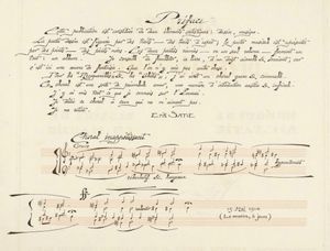 사티의 스포츠와 오락 자필 악보(1914년 5월 15일) 첫 페이지의 "프레페이스"(서문)와 "코랄 이나페티상"