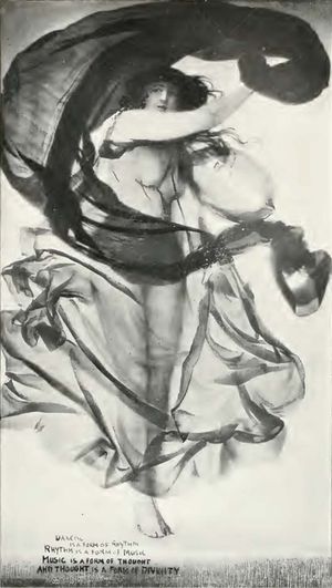 룰룰라운드 – 춤추는 소녀 (회화 및 비단 천. A.L. 발드리 1901, p. 107 이전). 비문: "춤은 리듬의 한 형태이다/ 리듬은 음악의 한 형태이다/ 음악은 사고의 한 형태이다/ 그리고 사고는 신성의 한 형태이다."