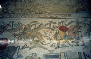 4세기 로마 모자이크의 세부 사항. 시칠리아 피아차 아르메리나 출토.