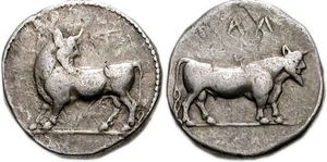 기원전 약 490년–470년에 제작된, 인면황소가 그려진 라우스의 스타테르 주화