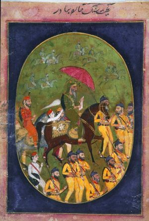 말을 탄 란짓 싱 마하라자(수염에 검은 머리카락이 보이는), 1830년~1839년경