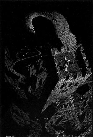 그와이히르가 오르탕크에서 간달프를 구출하는 모습. 알렉산더 코로티치(Alexander Korotich)의 긁개판화(Scraperboard), 1981년