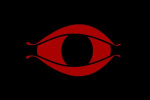 1954년 반지의 교제 초판 표지에 사용된 톨킨의 디자인을 기반으로 한, 사우론의 붉은 눈을 보여주는 깃발