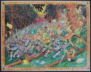 톰 로백(Tom Loback)이 묘사한 미르크우드(Mirkwood)의 스란두일(Thranduil)의 나무 요정들에 대한 돌 굴두르(Dol Guldur)의 공격 장면: Battle Under the Trees