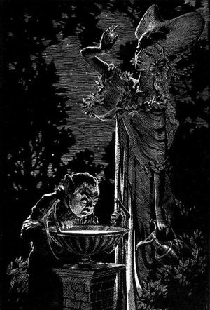 갈라드리엘이 프로도가 자신의 거울샘을 들여다보도록 허락하는 모습, 그녀의 약지에서 별빛이 빛나고 있다.  알렉산더 코로티치, 스크래퍼보드, 1981년