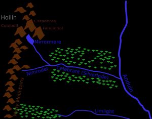 모리아의 위치, 안개 산맥 아래, 딤릴 데일로 열려 있으며, 세 개의 높은 산, '셀레브딜', '카라드라스', '파누이돌'로 둘러싸여 있다. 미러미어는 딤릴 데일에 있으며, 셀레브란트 강이 흘러나온다.