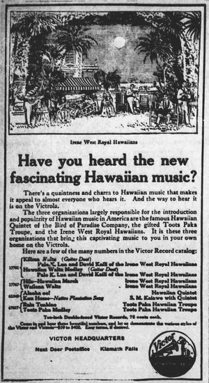 빅터 레코드(Victor Records)의 1916년 하와이 음악 레코드 광고