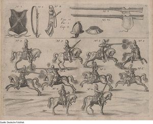 요한 야곱 폰 발하우젠(Johann Jacob von Wallhausen)의 1616년 저서 「Kriegskunst zu Pferdt」에 나오는, 어깨 벨트에 부착된 카라비너의 다소 부정확한 묘사