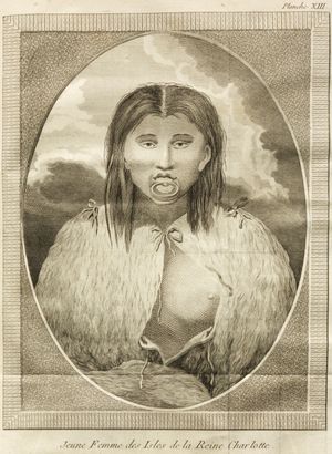 입술판을 착용한 젊은 하이다 여성, 조지 딕슨(George Dixon)의 (1789) 저서 Voyage autour du monde에 묘사됨