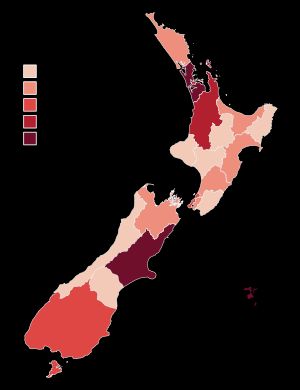 뉴질랜드의 코로나19 확진자 수 지역별 분포도(지역보건위원회별)