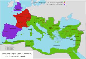 260년 포스투무스에 의해 건설된 갈리아 제국의 최대 영토 범위