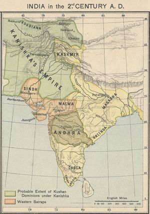 서기 2세기의 인도 지도, 카니슈카 치세 동안의 쿠샨 제국(녹색)의 범위를 보여준다.