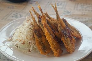 곁들임과 함께 담겨 소스가 뿌려진 아지후라이