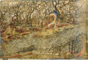 희귀한 순수 풍경화, 페르시아 미니어처, 강, 타브리즈(?), 14세기 초