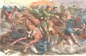 훈족이 알란족과 전투를 벌이는 모습. 요한 네포무크 가이거 (1805–1880)의 그림을 바탕으로 한 1870년대 조각.