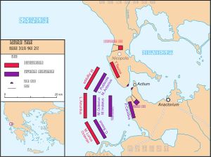 양군의 병력 배치. 빨간색이 옥타비아누스 군, 보라색이 안토니우스 군