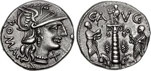 기원전 135년 가이우스 미누키우스 아우구리누스의 데나리우스. 곡물 분배를 묘사하고 있다. 곡물 분배는 전통적으로 포풀라레스의 주요 주장 중 하나로 여겨진다.