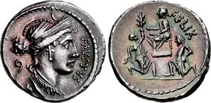 파우스투스의 데나리우스. 디아나와 복쿠스 기념비의 머리가 새겨져 있으며, 뒷면은 술라의 인장 반지 복제품이다.