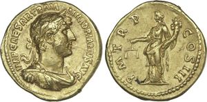 아우레우스(aureus)(123) 앞면에 새겨진 하드리아누스. 뒷면에는 아에퀴타스 아우구스티(Aequitas Augusti) 또는 주노 모네타(Juno Moneta)의 의인화가 새겨져 있다. 비문: IMP. CAESAR TRAIAN. HADRIANVS AVG. / P. M., TR. P., CO[N]S. III.