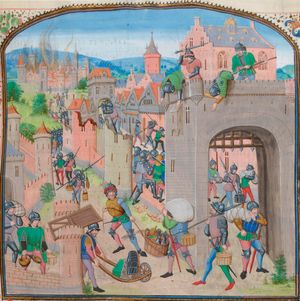 프루아사르 연대기에서 발췌한 1362년 타르-베누스의 그라몽 약탈 장면.