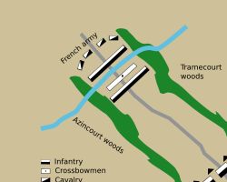 아쟁쿠르 전투 지도. 윗쪽이 프랑스군, 아래쪽이 잉글랜드군 진영이다.