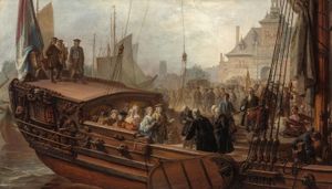 1734년, 로테르담 시장이 오라녜 공 빌헬름 4세와 그의 배우자 영국 안나를 환영하는 모습. 야코브 스폴 작