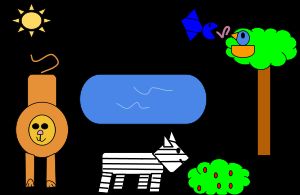 단순화된 군집의 예. 군집에는 많은 개체군과 그들이 서로 어떻게 상호 작용하는지가 포함된다.