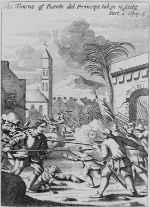 1668년 헨리 모건에 의해 약탈당하는 푸에르토 델 프린시페(현 카마궤이), 존 메이즈필드 묘사